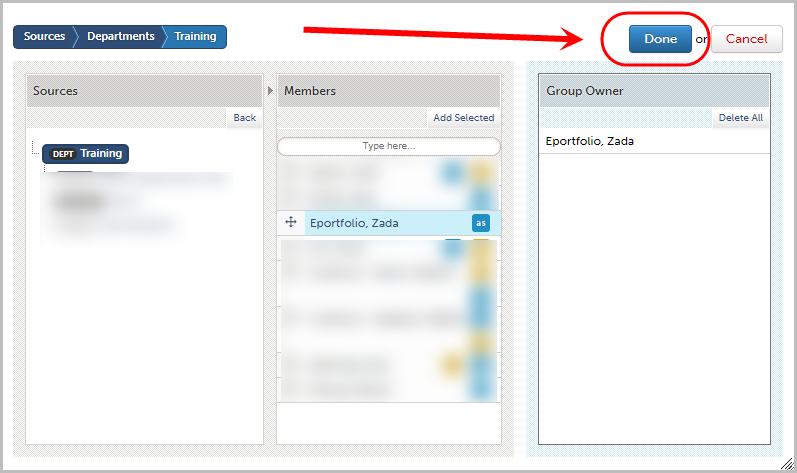 selected group advisor is in right-hand column, done button selected