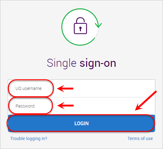 The uq username and password textfields, as well as the login button are highlighted