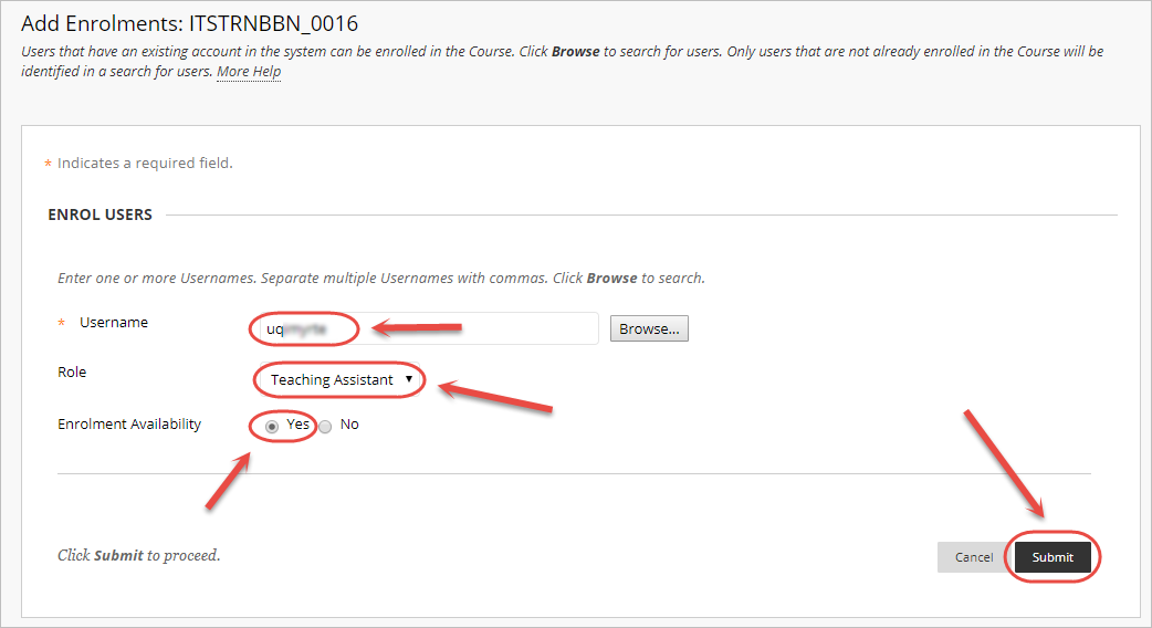 Add enrolments page with required fields circled