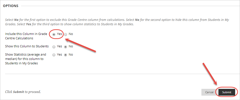 include column in grade centre calculations and submit