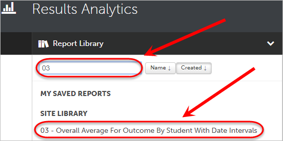 Search circled with the 02 - Overall Average For Outcome By Student circled.