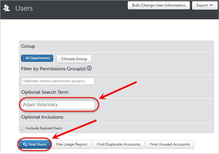 Optional Search Term box circled along with the Find Users button.