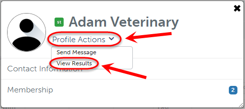 Profile actions circled along with view results in the drop down menu.