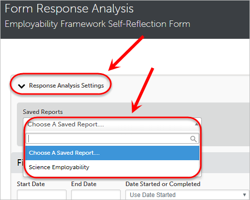 Response Analysis Settings circled along with the Saved Reports drop-down list