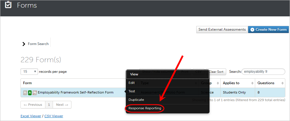 Response reporting circled in the drop-down menu.