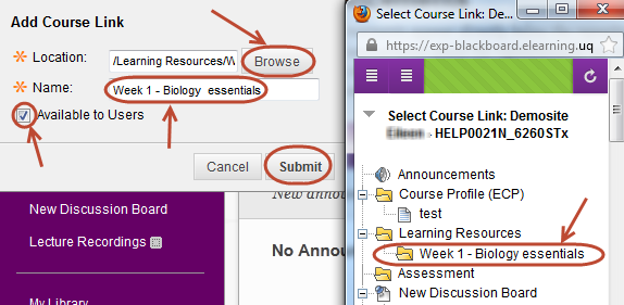 Add course link settings and browse course window