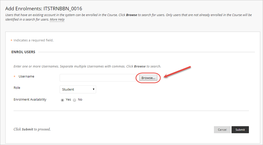 Add enrolments screen with the browse button circled