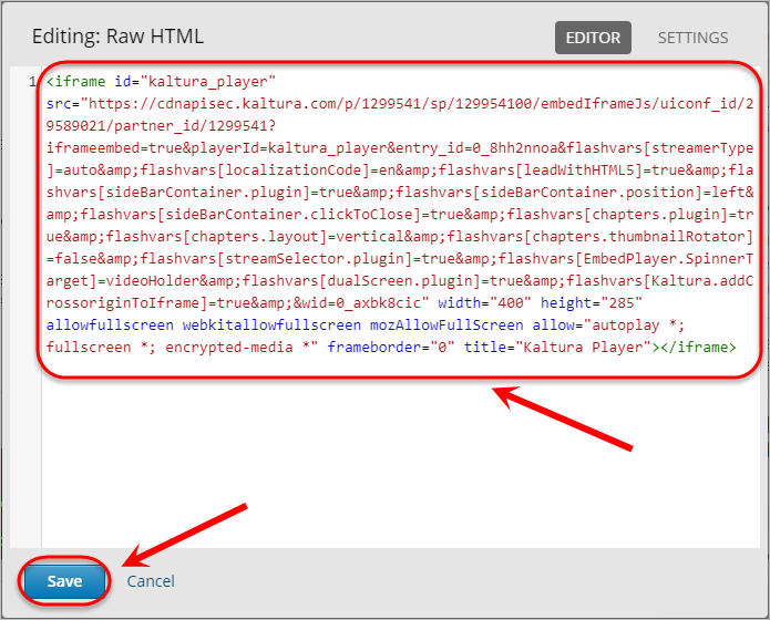 Embed code circled along with save button.