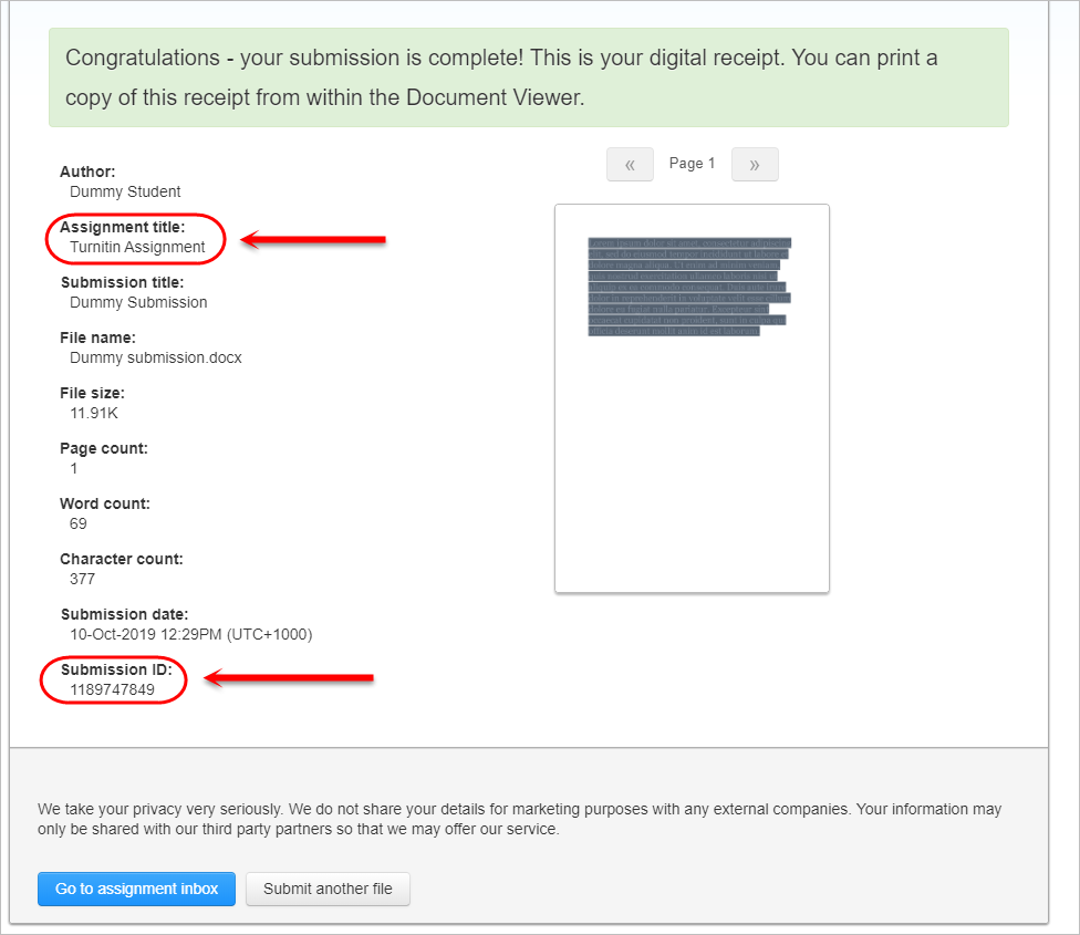 assignment title and submission id highlighted