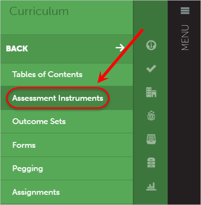 Assessment instruments circled in the Curriculum menu