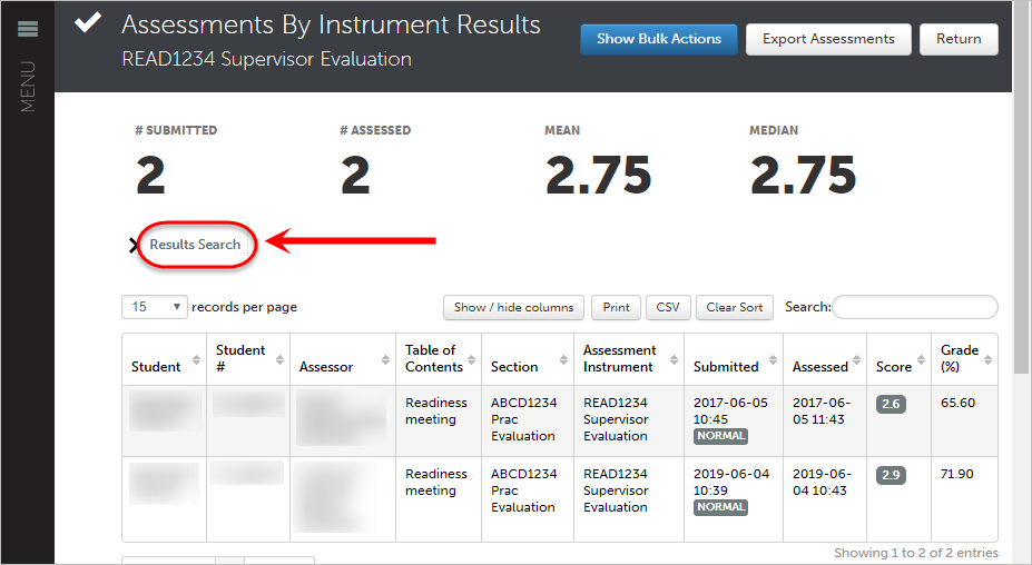 Results search circled.