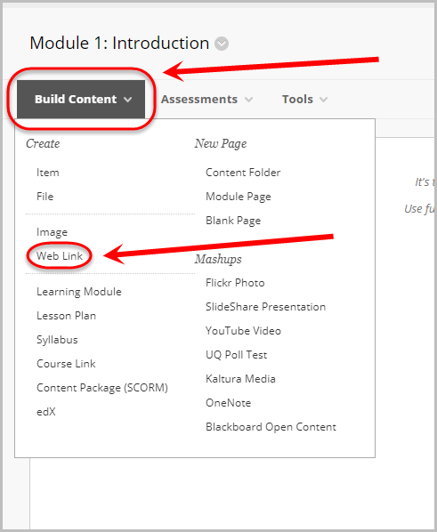 build content button selected, web link option selected