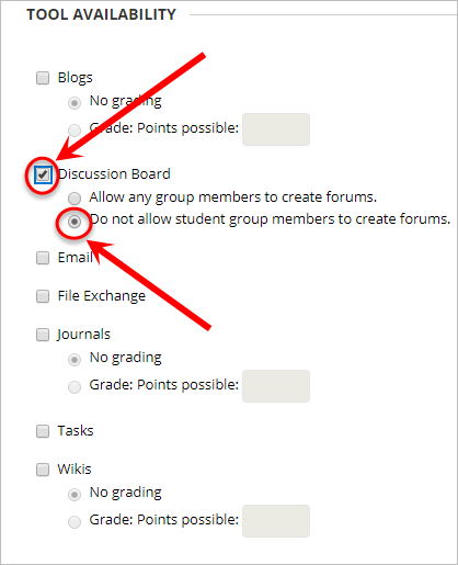 Discussion board checkbox circled along with the Do not allow student group members to create forums radio button.