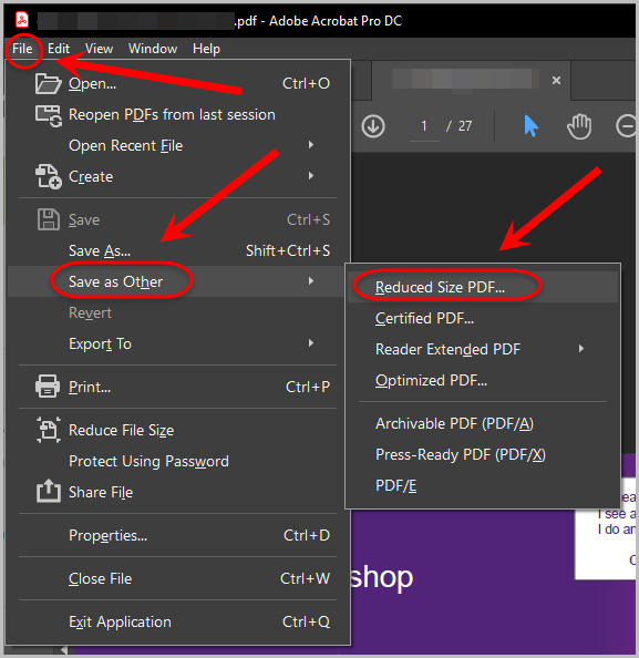file option selected, save as other selected, reduced size pdf selected