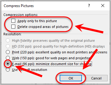compression options unchecked, radio button from resolution section selected, ok button selected