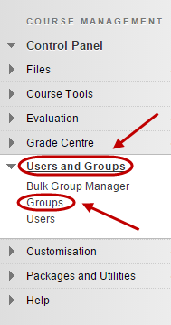 Control panel with groups circled under users and groups