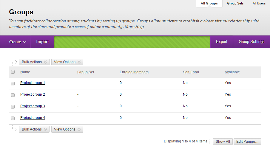 Display of groups page 