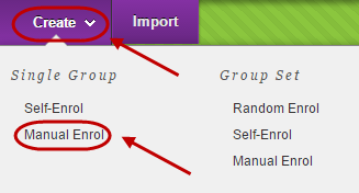 Create button circled with single group manual enrol circled in drop down menu