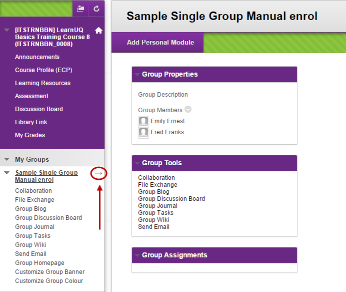 Student example of the my groups page