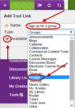 Add tool link With name field circled and groups selected from the drop down box.