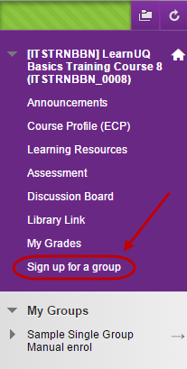 Sign up for group circled in the course menu