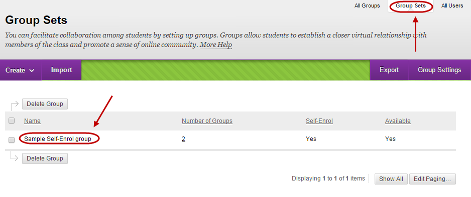 Groups page with Group Sets tab circled