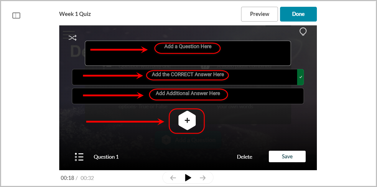 add a question here textbox selected, add correct answer in add the correct answer here textbox, additional responses in add additional answer here and plus button to add more answer options