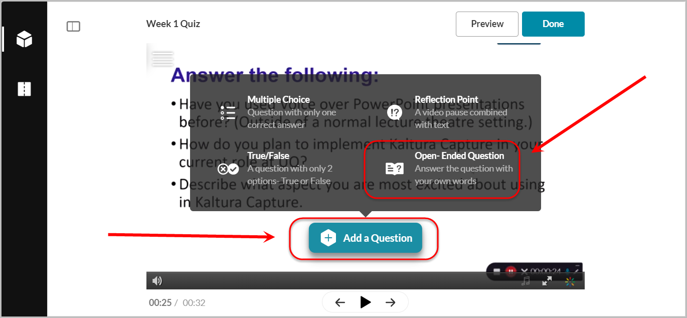 add a question button selected, open-ended question option selected