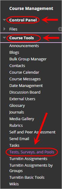 Control panel circled with Tests, Surveys and Pools circled under Course Tools