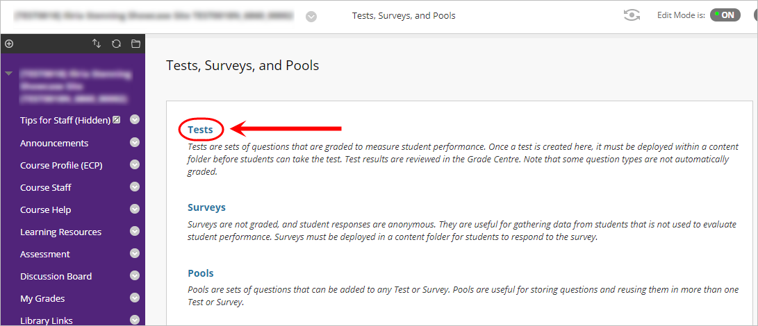 Tests, surveys and pools page with Tests circled.