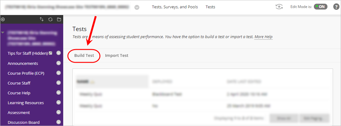 Tests page with Build Test button circled