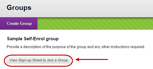 Student view of the group sign up page with view sign-up sheet to join group button circled
