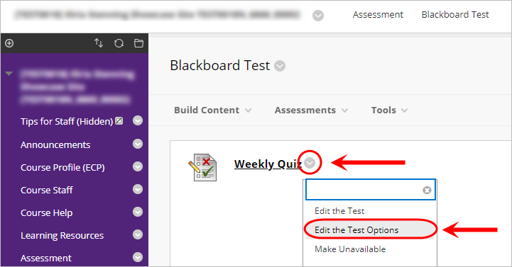 Deployed quiz with the down arrow circled next to quiz name and edit the test options circled in the drop down menu