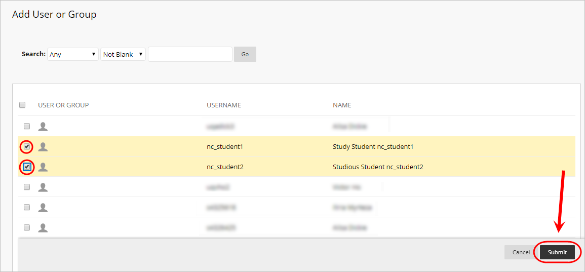 select student to alter test availability