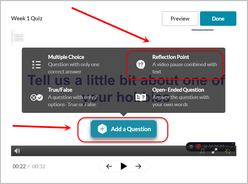 add a question button selected, reflection point option selected