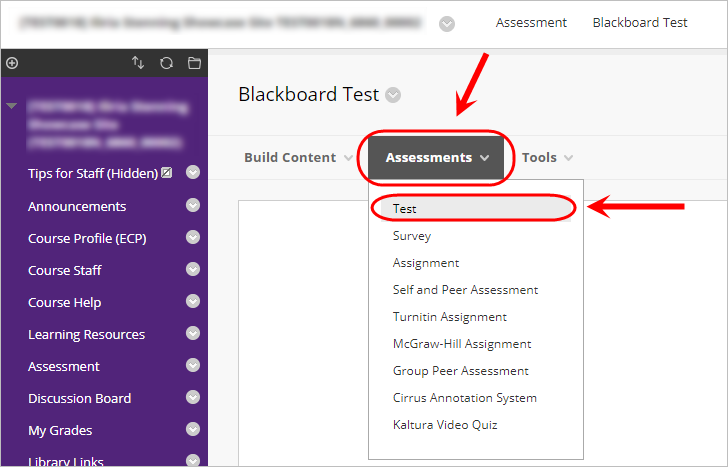 Assessment content area with the assessments button circled and test circled in drop down menu 