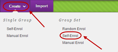 Create button circled with group set self-enrol circled in drop down menu