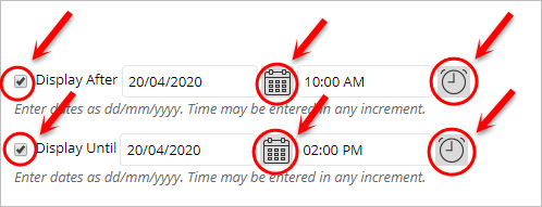 Display after and until check boxes circled as well as the clock and calendar icons.