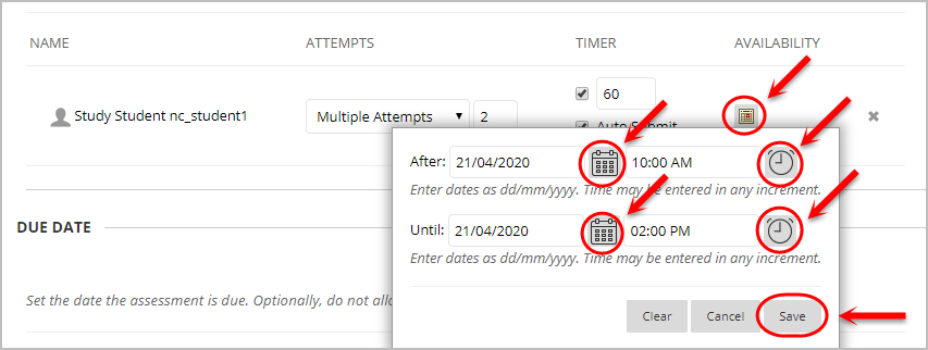 Setting the availability settings for the student with the calendar drop down box highlighted and circles around the after and until settings