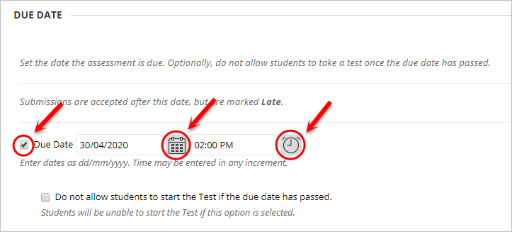 Due date settings with the due date and time circled as well as the check box next to don not allow students to start the test if the due date has passed