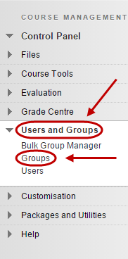 Control panel with groups circled under users and groups