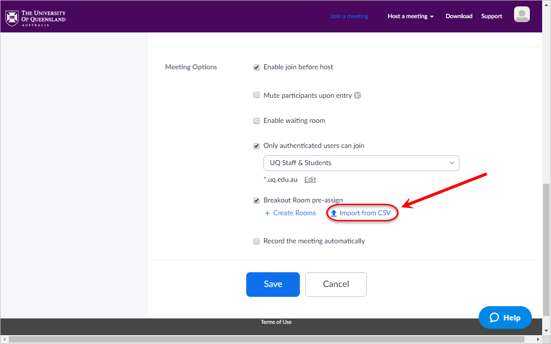 Import from csv link circled