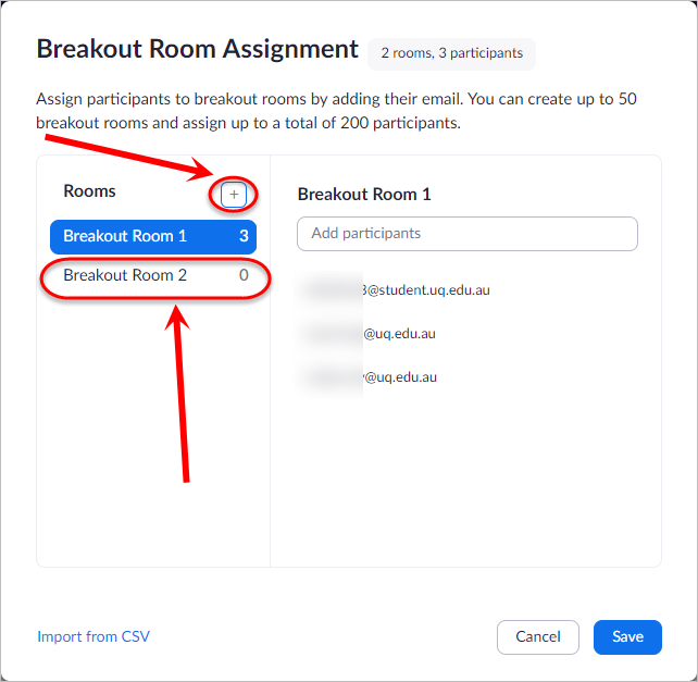 + circled plus the new breakout room in the left hand column