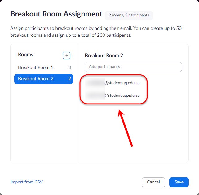 List of participants added to room circled.