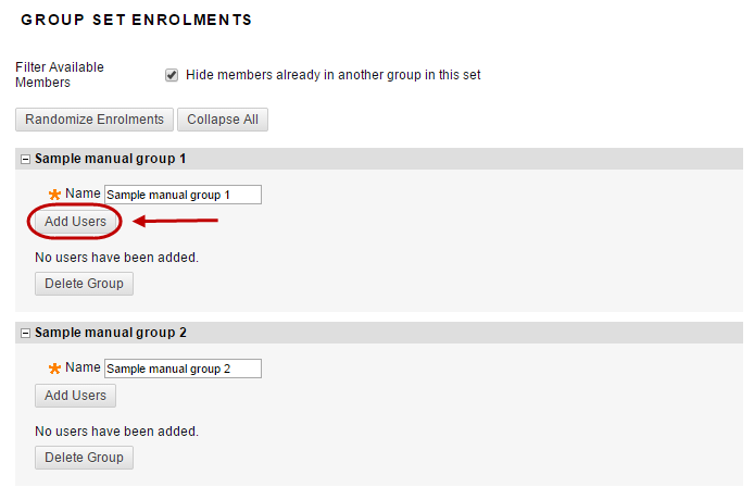 Group set enrolments with the add users button circled underneath first group