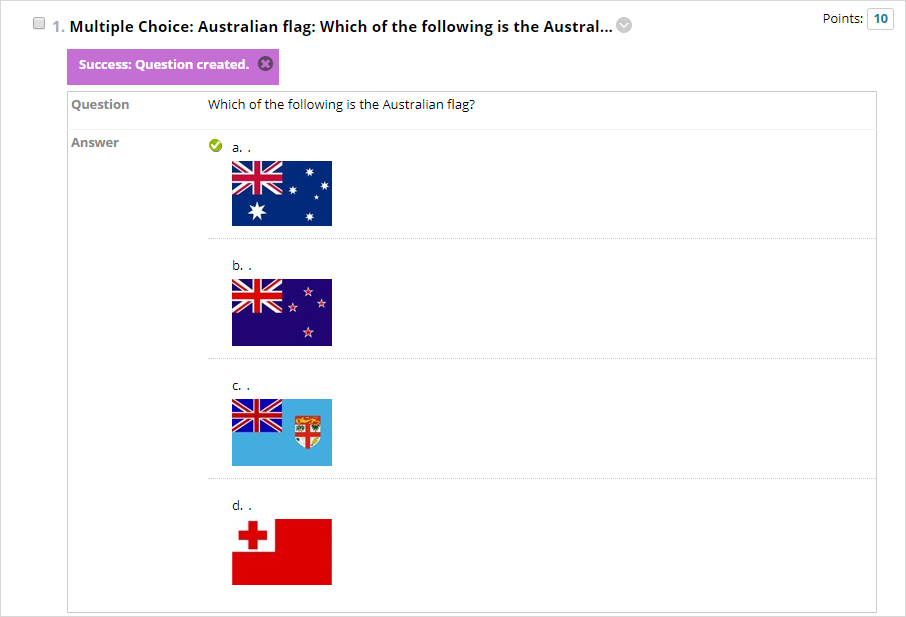 View of newly created multiple choice question with images.