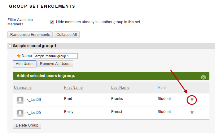 Group set enrolments page with the X circled next to the student that is to be removed from the group