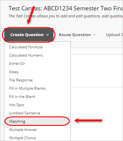 Create question button circled with matching circled from the drop down menu