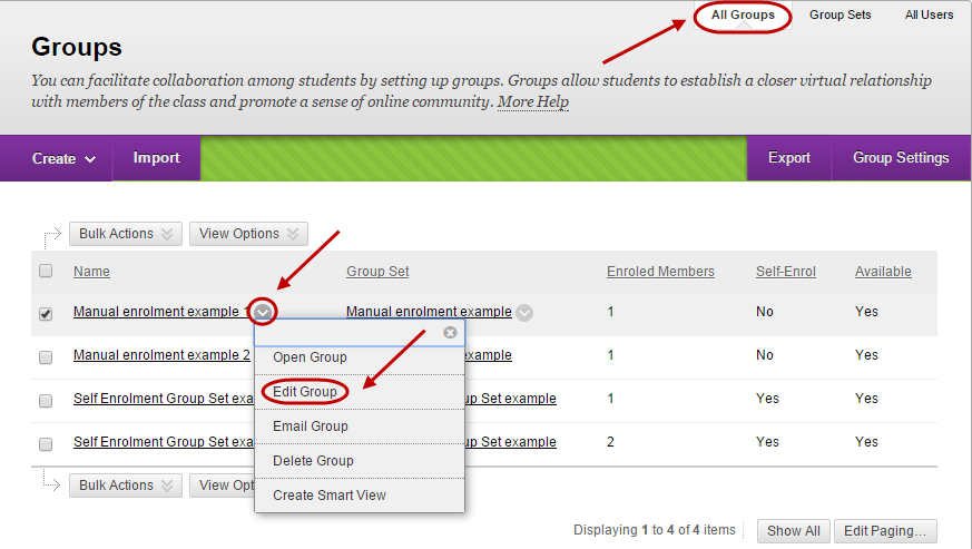 Groups page with all groups tab circled and drop down menu selected next to group set and Edit group circled