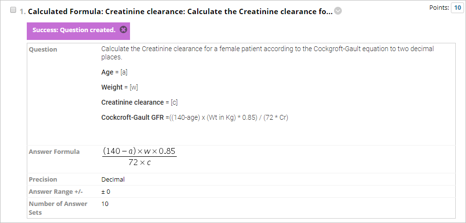 View of newly created calculated formula question.